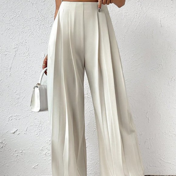 . Pants - White Casual Womens High Waist Plicated Detail Wide Leg Pants